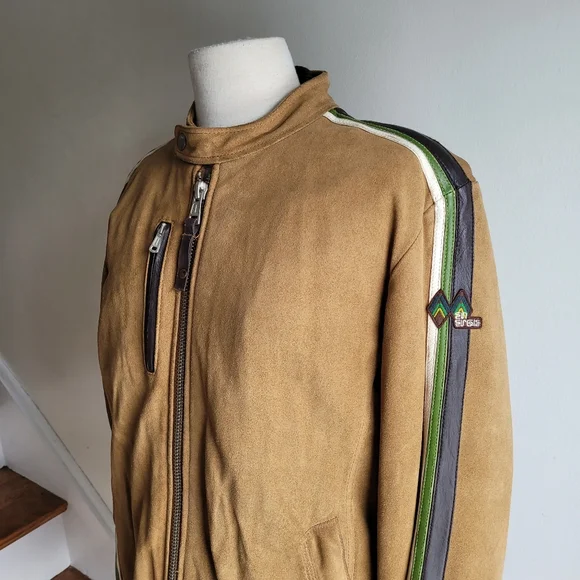 Vintage 90s MISS SIXTY Racer Moto Aviatior Suede Tan Jacket Brown Stripes M/L - Picture 6 of 15